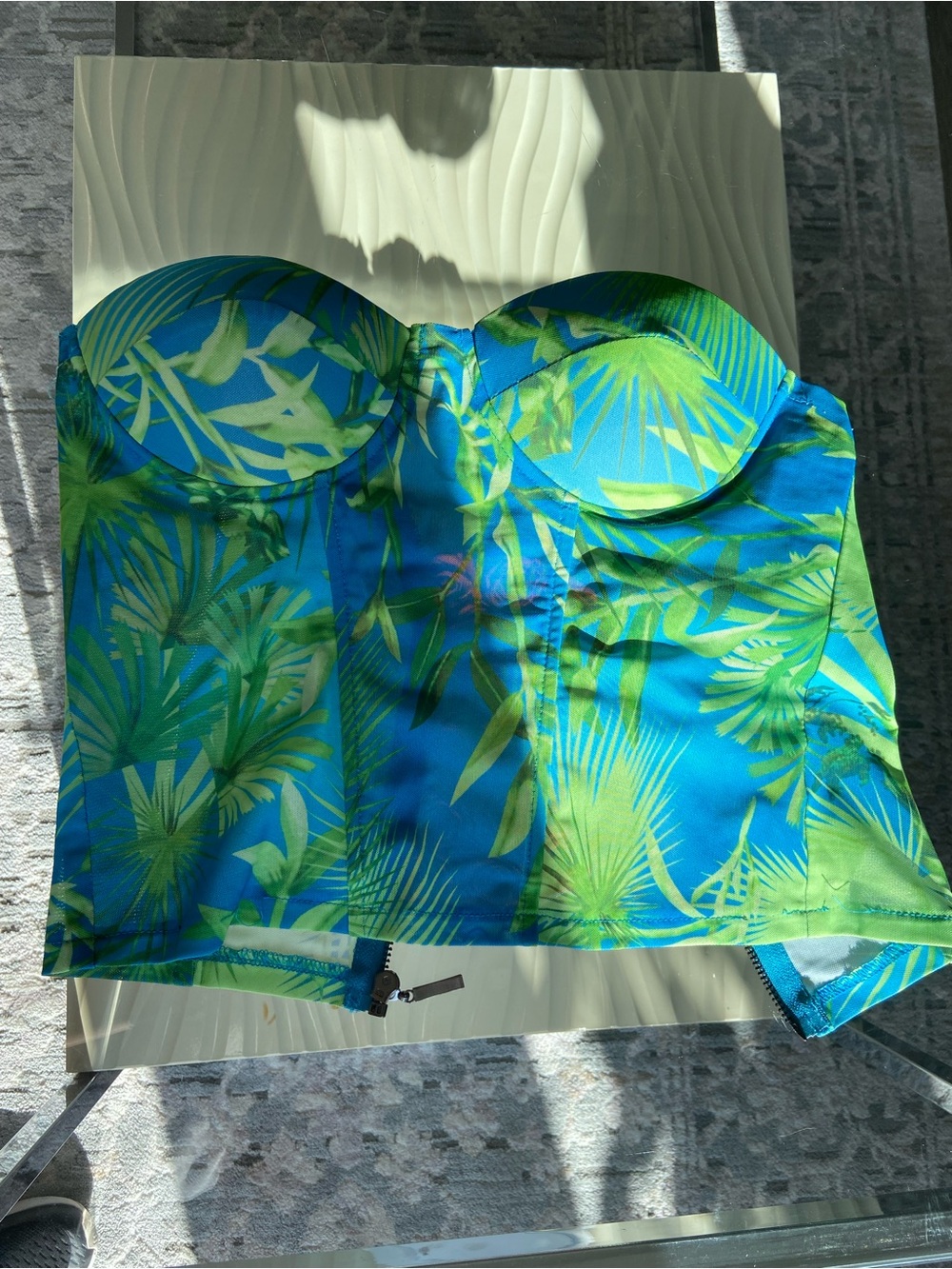 Women’s Strapless Tropical Print Crop Top - Blue & Green